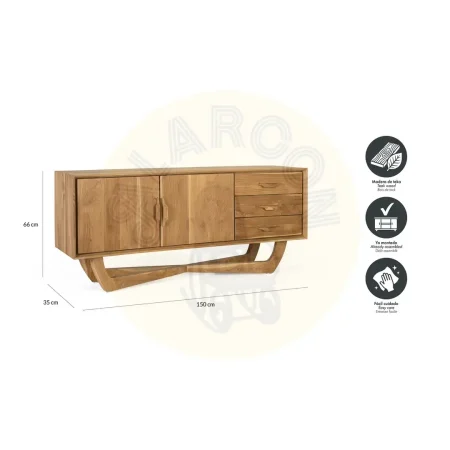 Mueble de TV Nova en teca natural 2 puertas y 3 cajones amplio almacenamiento diseño contemporáneo patas elevadas 150x40x66cm - Giner y Colomer - 2396GYC - foto-secundaria-5
