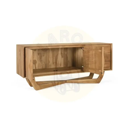 Mueble de TV Nova en teca natural 2 puertas y 3 cajones amplio almacenamiento diseño contemporáneo patas elevadas 150x40x66cm - Giner y Colomer - 2396GYC - foto-secundaria-8
