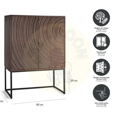 Aparador Ocaso nogal oscuro en madera de mango y hierro frentes con relieve circular puertas con cierre suave y patas elevadas 85x45x120cm - Giner y Colomer - 2398GYC - foto-secundaria-5
