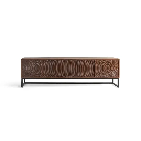 Mueble TV Ocaso madera de mango y hierro diseño moderno frentes con relieves circulares nogal satinado 4 puertas con estante y cierre suave patas de hierro elevadas 170x40x50cm - Giner y Colomer - 2400GYC - foto-blanco