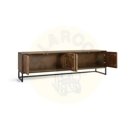 Mueble TV Ocaso madera de mango y hierro diseño moderno frentes con relieves circulares nogal satinado 4 puertas con estante y cierre suave patas de hierro elevadas 170x40x50cm - Giner y Colomer - 2400GYC - foto-secundaria-1