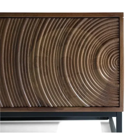 Mueble TV Ocaso madera de mango y hierro diseño moderno frentes con relieves circulares nogal satinado 4 puertas con estante y cierre suave patas de hierro elevadas 170x40x50cm - Giner y Colomer - 2400GYC - foto-secundaria-2
