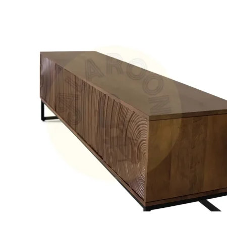Mueble TV Ocaso madera de mango y hierro diseño moderno frentes con relieves circulares nogal satinado 4 puertas con estante y cierre suave patas de hierro elevadas 170x40x50cm - Giner y Colomer - 2400GYC - foto-secundaria-3