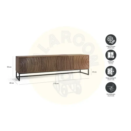 Mueble TV Ocaso madera de mango y hierro diseño moderno frentes con relieves circulares nogal satinado 4 puertas con estante y cierre suave patas de hierro elevadas 170x40x50cm - Giner y Colomer - 2400GYC - foto-secundaria-5
