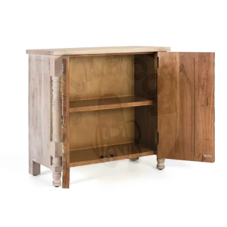 Aparador Origen en roble recuperado gris lavado con pátina envejecida estilo boho étnico 2 puertas 2 estantes patas elevadas barniz mate sostenible 90x40x86cm - Giner y Colomer - 2403GYC - foto-secundaria-8