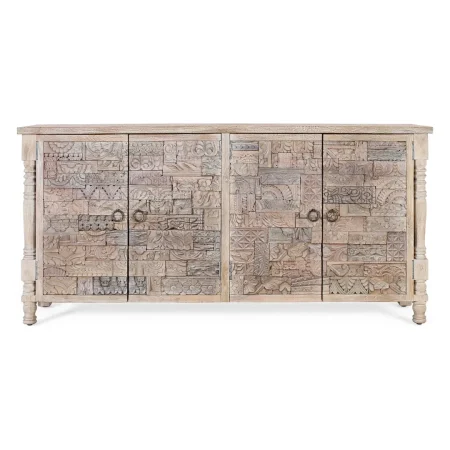 Aparador Origen en roble recuperado gris lavado con pátina envejecida 4 puertas y 4 estantes interiores patas elevadas barniz mate estilo boho étnico 180x80x86cm - Giner y Colomer - 2404GYC - foto-blanco