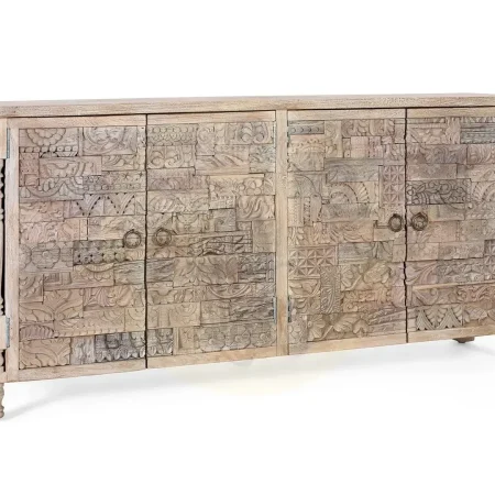Aparador Origen en roble recuperado gris lavado con pátina envejecida 4 puertas y 4 estantes interiores patas elevadas barniz mate estilo boho étnico 180x80x86cm - Giner y Colomer - 2404GYC - foto-secundaria-1
