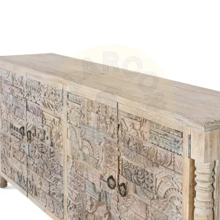 Aparador Origen en roble recuperado gris lavado con pátina envejecida 4 puertas y 4 estantes interiores patas elevadas barniz mate estilo boho étnico 180x80x86cm - Giner y Colomer - 2404GYC - foto-secundaria-3