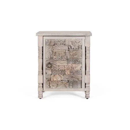 Mesita de noche Origen roble recuperado gris lavado con pátina envejecida puerta abatible y estante interior apertura derecha o izquierda líneas boho étnicas 55x35x66cm - Giner y Colomer - 2407GYC - foto-blanco