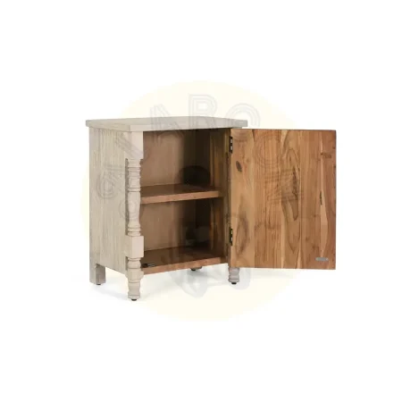 Mesita de noche Origen roble recuperado gris lavado con pátina envejecida puerta abatible y estante interior apertura derecha o izquierda líneas boho étnicas 55x35x66cm - Giner y Colomer - 2407GYC - foto-secundaria-1