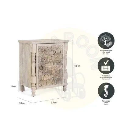 Mesita de noche Origen roble recuperado gris lavado con pátina envejecida puerta abatible y estante interior apertura derecha o izquierda líneas boho étnicas 55x35x66cm - Giner y Colomer - 2407GYC - foto-secundaria-5