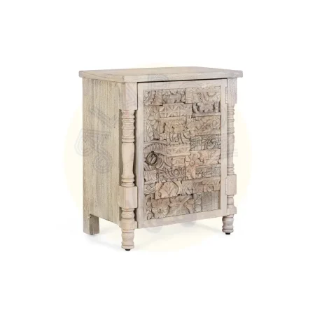 Mesita de noche Origen roble recuperado gris lavado con pátina envejecida puerta abatible y estante interior apertura derecha o izquierda líneas boho étnicas 55x35x66cm - Giner y Colomer - 2407GYC - foto-secundaria-7