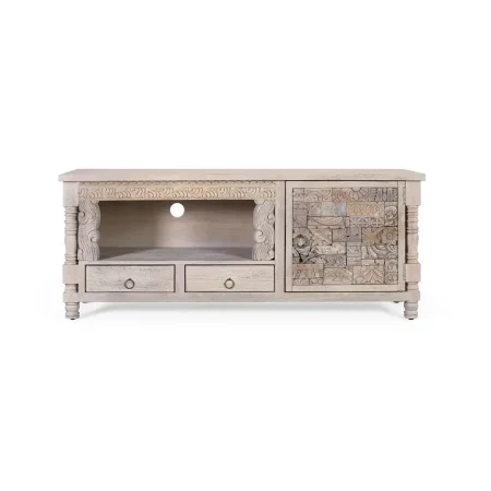 Mueble de TV Origen en roble recuperado gris lavado con 1 puerta 2 cajones y estante abierto 150x40x61cm - Giner y Colomer - 2408GYC - foto-blanco
