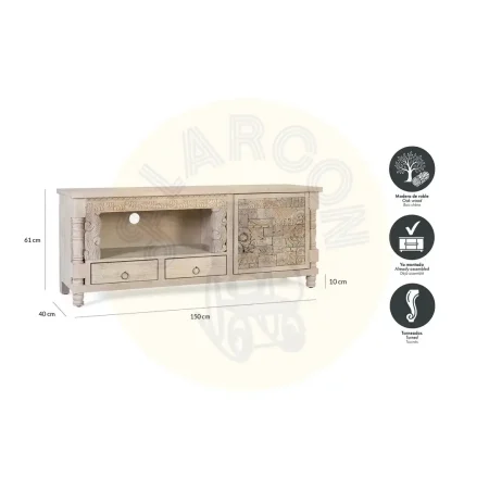 Mueble de TV Origen en roble recuperado gris lavado con 1 puerta 2 cajones y estante abierto 150x40x61cm - Giner y Colomer - 2408GYC - foto-secundaria-5
