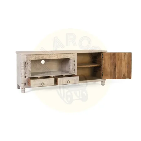 Mueble de TV Origen en roble recuperado gris lavado con 1 puerta 2 cajones y estante abierto 150x40x61cm - Giner y Colomer - 2408GYC - foto-secundaria-8