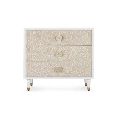Cómoda Bali en madera de mango lacada blanco marfil 3 cajones cierre suave guías metálicas patas elevadas estilo mediterráneo moderno 90x45x80cm - Giner y Colomer - 2415GYC - foto-blanco