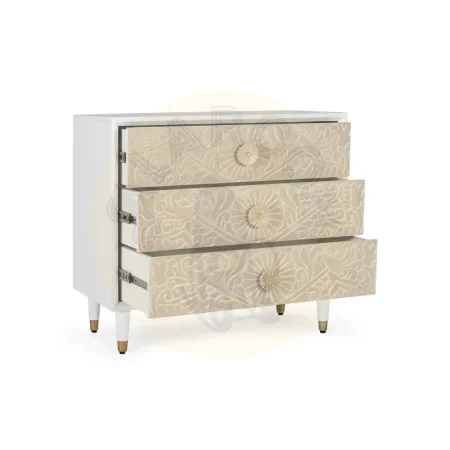 Cómoda Bali en madera de mango lacada blanco marfil 3 cajones cierre suave guías metálicas patas elevadas estilo mediterráneo moderno 90x45x80cm - Giner y Colomer - 2415GYC - foto-secundaria-1