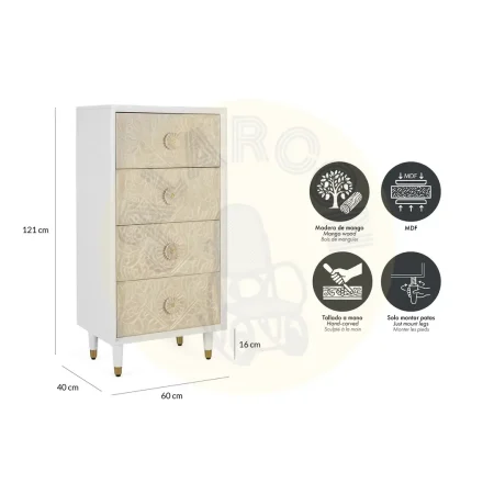 Sinfonier Bali madera de mango lacado blanco marfil 4 cajones con guías metálicas y cierre suave 60x40x121cm - Giner y Colomer - 2416GYC - foto-secundaria-4