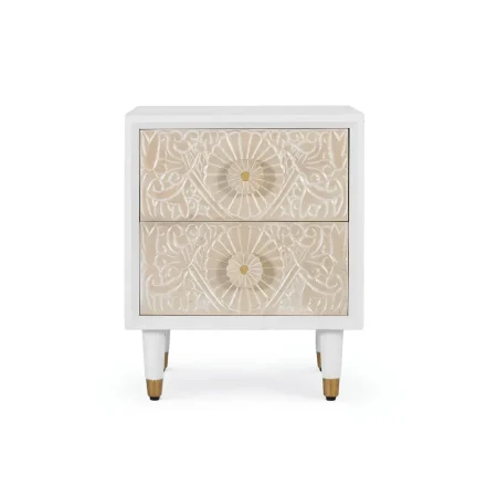 Mesita de noche Bali madera de mango blanco marfil 2 cajones con cierre suave tiradores y patas torneadas con detalle en latón 50x40x61cm - Giner y Colomer - 2417GYC - foto-blanco