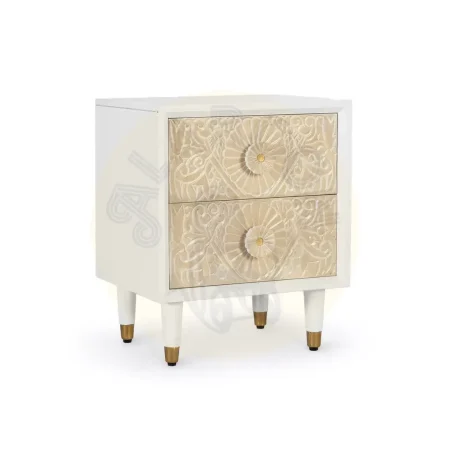 Mesita de noche Bali madera de mango blanco marfil 2 cajones con cierre suave tiradores y patas torneadas con detalle en latón 50x40x61cm - Giner y Colomer - 2417GYC - foto-secundaria-1
