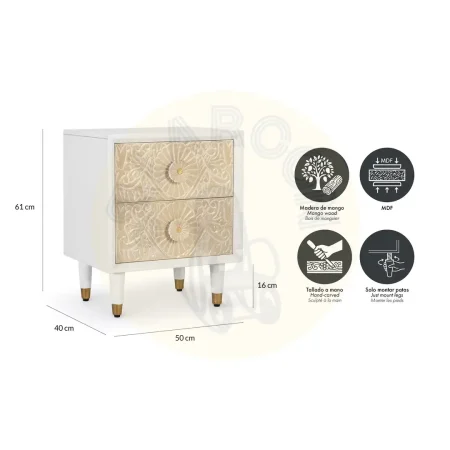 Mesita de noche Bali madera de mango blanco marfil 2 cajones con cierre suave tiradores y patas torneadas con detalle en latón 50x40x61cm - Giner y Colomer - 2417GYC - foto-secundaria-4