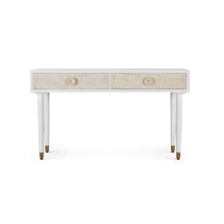Consola Bali madera de mango lacada en blanco marfil 2 cajones con tiradores y guías metálicas cierre suave diseño mediterráneo moderno patas elevadas 140x40x80cm - Giner y Colomer - 2418GYC - foto-blanco