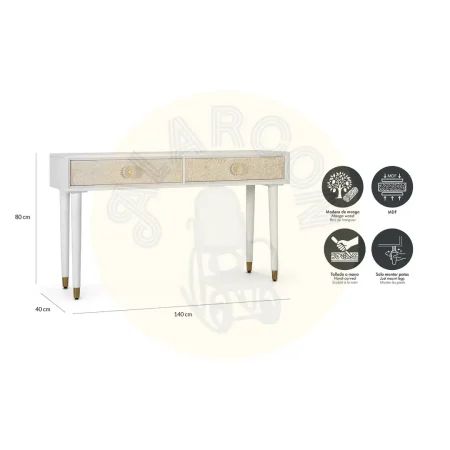 Consola Bali madera de mango lacada en blanco marfil 2 cajones con tiradores y guías metálicas cierre suave diseño mediterráneo moderno patas elevadas 140x40x80cm - Giner y Colomer - 2418GYC - foto-secundaria-4