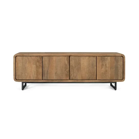 Mueble de TV Sarine en madera de mango acabado miel patas negras 4 puertas con sistema push estilo nórdico contemporáneo 180x40x50cm - Giner y Colomer - 2421GYC - foto-blanco
