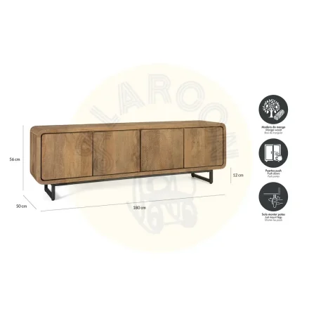 Mueble de TV Sarine en madera de mango acabado miel patas negras 4 puertas con sistema push estilo nórdico contemporáneo 180x40x50cm - Giner y Colomer - 2421GYC - foto-secundaria-5