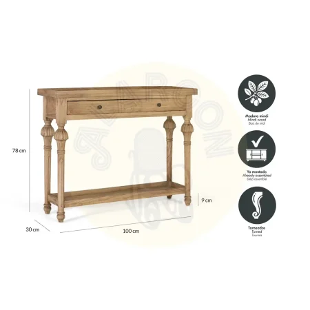 Consola Kumo estilo rústico moderno en madera de mindi acabado mate con cajón y estante inferior 100x30x78cm - Giner y Colomer - 2430GYC - foto-secundaria-5
