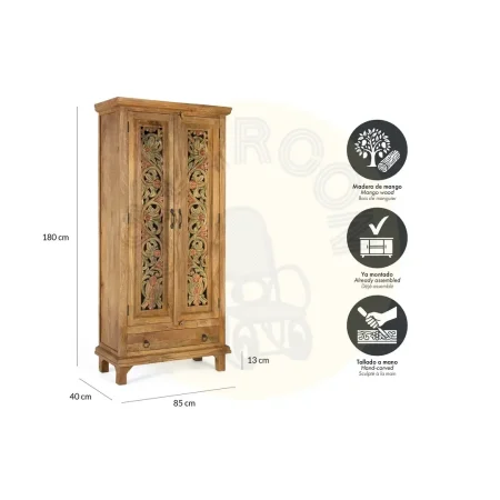 Armario Takara madera de mango estilo colonial y étnico con barra para colgar 3 estantes ajustables y cajón 85x39x180cm - Giner y Colomer - 2443GYC - foto-secundaria-5
