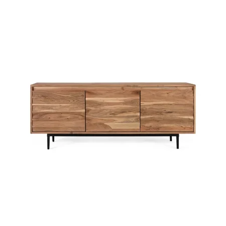 Mueble TV Woodland estilo rústico moderno en madera de acacia acabado natural y detalles en metal negro 150x40x60cm - Giner y Colomer - 2452GYC - foto-blanco