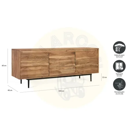 Mueble TV Woodland estilo rústico moderno en madera de acacia acabado natural y detalles en metal negro 150x40x60cm - Giner y Colomer - 2452GYC - foto-secundaria-5
