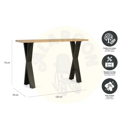 Consola Terral madera de mango lacado estructura metálica negra patas en X 120x35x76cm - Giner y Colomer - 2455GYC - foto-secundaria-3