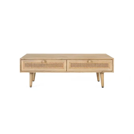Mesa de centro Yara en madera de mango con rejilla de ratán 2 cajones y patas torneadas estilo Japandi 120x70x40cm - Giner y Colomer - 2456GYC - foto-blanco