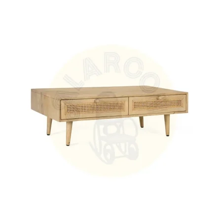 Mesa de centro Yara en madera de mango con rejilla de ratán 2 cajones y patas torneadas estilo Japandi 120x70x40cm - Giner y Colomer - 2456GYC - foto-secundaria-1