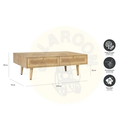 Mesa de centro Yara en madera de mango con rejilla de ratán 2 cajones y patas torneadas estilo Japandi 120x70x40cm - Giner y Colomer - 2456GYC - foto-secundaria-5