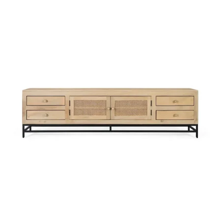 Mueble TV Yara madera de mango acabado natural con rejilla de ratán 2 puertas 4 cajones patas negras 210x40x56cm - Giner y Colomer - 2459GYC - foto-blanco