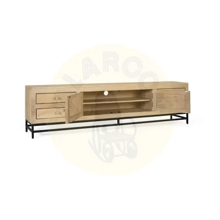 Mueble TV Yara madera de mango acabado natural con rejilla de ratán 2 puertas 4 cajones patas negras 210x40x56cm - Giner y Colomer - 2459GYC - foto-secundaria-1