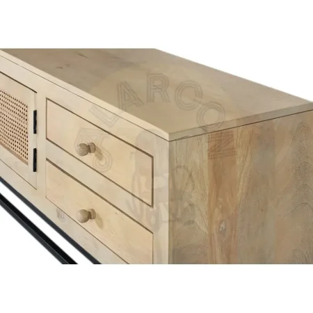 Mueble TV Yara madera de mango acabado natural con rejilla de ratán 2 puertas 4 cajones patas negras 210x40x56cm - Giner y Colomer - 2459GYC - foto-secundaria-2