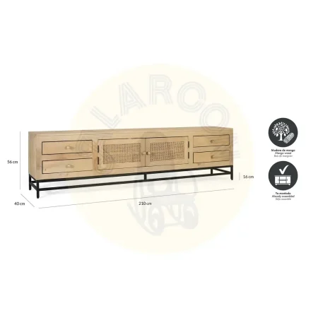Mueble TV Yara madera de mango acabado natural con rejilla de ratán 2 puertas 4 cajones patas negras 210x40x56cm - Giner y Colomer - 2459GYC - foto-secundaria-5