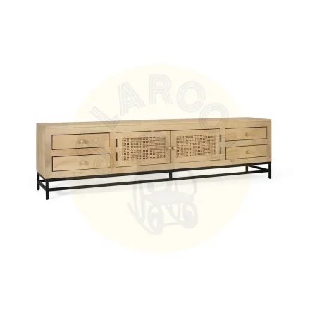 Mueble TV Yara madera de mango acabado natural con rejilla de ratán 2 puertas 4 cajones patas negras 210x40x56cm - Giner y Colomer - 2459GYC - foto-secundaria-7