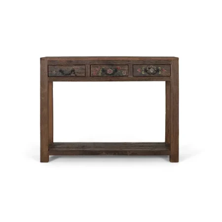 Consola en madera recuperada 3 cajones y estante con tiradores y guías de madera acabado nogal envejecido multicolor estilo étnico floral 119x38x90cm - Giner y Colomer - 2490GYC - foto-blanco
