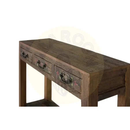 Consola en madera recuperada 3 cajones y estante con tiradores y guías de madera acabado nogal envejecido multicolor estilo étnico floral 119x38x90cm - Giner y Colomer - 2490GYC - foto-secundaria-1