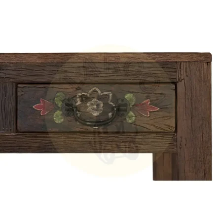 Consola en madera recuperada 3 cajones y estante con tiradores y guías de madera acabado nogal envejecido multicolor estilo étnico floral 119x38x90cm - Giner y Colomer - 2490GYC - foto-secundaria-3