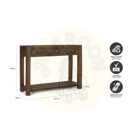 Consola en madera recuperada 3 cajones y estante con tiradores y guías de madera acabado nogal envejecido multicolor estilo étnico floral 119x38x90cm - Giner y Colomer - 2490GYC - foto-secundaria-5
