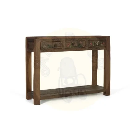 Consola en madera recuperada 3 cajones y estante con tiradores y guías de madera acabado nogal envejecido multicolor estilo étnico floral 119x38x90cm - Giner y Colomer - 2490GYC - foto-secundaria-7