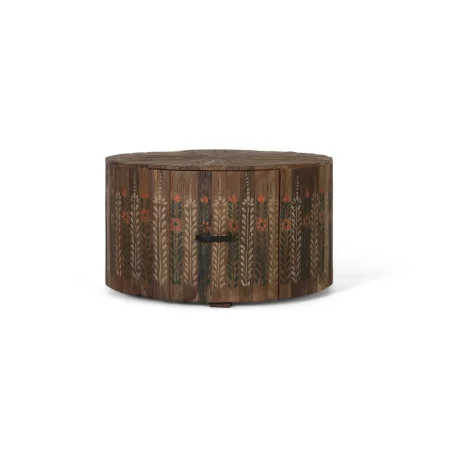 Mesa de centro redonda en madera recuperada nogal envejecido multicolor con cajón 80x80x46cm - Giner y Colomer - 2492GYC - foto-blanco
