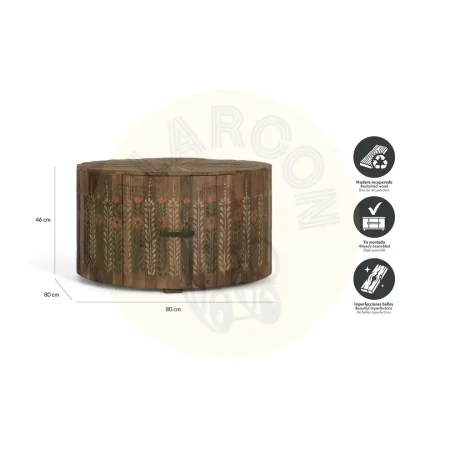 Mesa de centro redonda en madera recuperada nogal envejecido multicolor con cajón 80x80x46cm - Giner y Colomer - 2492GYC - foto-secundaria-4