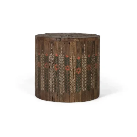 Mesa de centro redonda diseño tambor en madera recuperada acabado nogal envejecido multicolor estilo étnico floral pieza única 51x51x48cm - Giner y Colomer - 2493GYC - foto-blanco